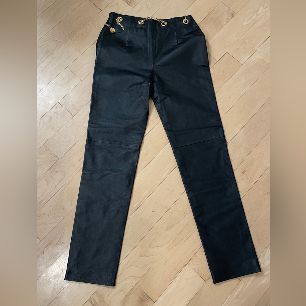 Vintage NWT Spiegel Reflections Leather Pants With Gold Chain Detail Celine Like